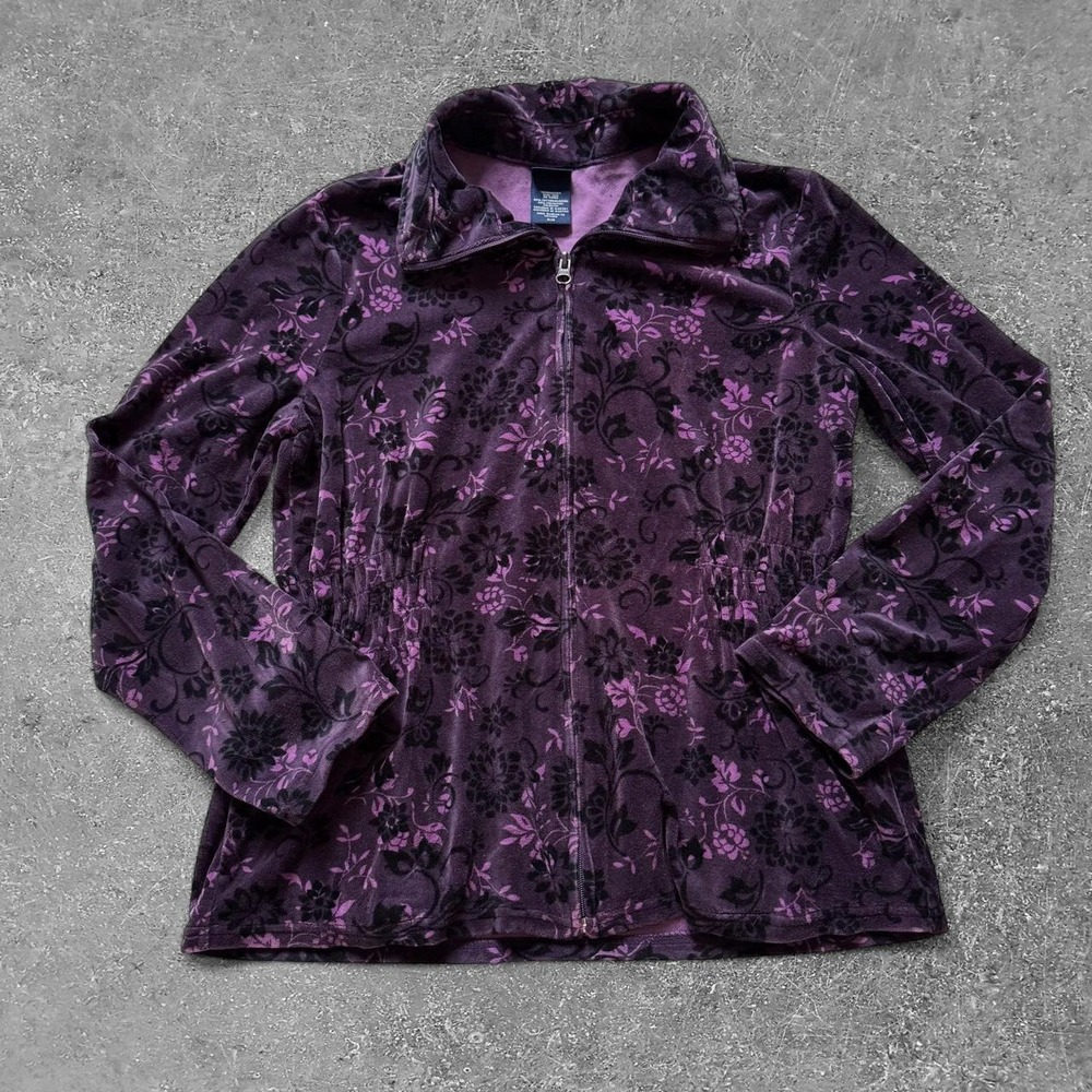 Basic Editions Purple Floral Velvet Zip Up Jacket Womens Medium Y2K Fairycore